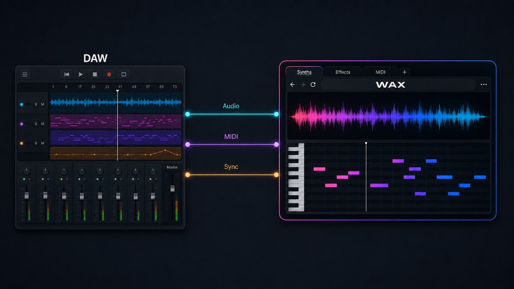 DAW and WAX connected with audio, MIDI, and sync between your mixer and the plugin